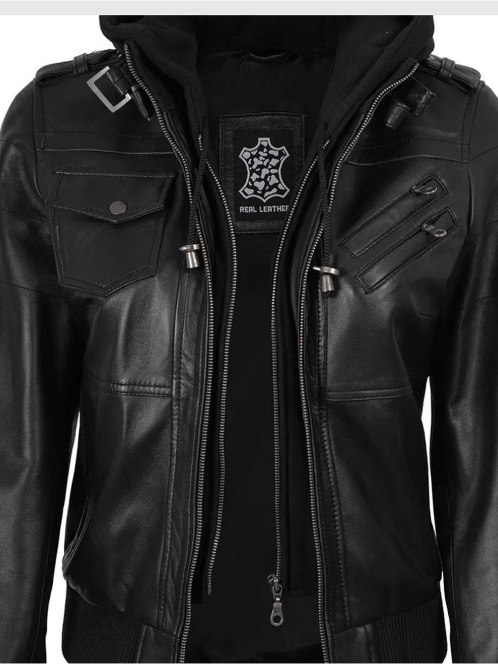 Womans Black Leather Bomber Jacket with Hood
